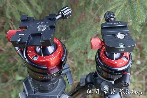 Uniqball UBH45XC z X-Cross Clamp oraz UBH35X ze zwykłym uchwytem, bidirectional clamp, głowica do statywu fotograficznego, porównanie wielkości