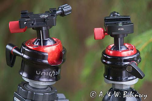 Uniqball UBH45XC z X-Cross Clamp oraz UBH35X ze zwykłym uchwytem, bidirectional clamp, głowica do statywu fotograficznego, porównanie wielkości